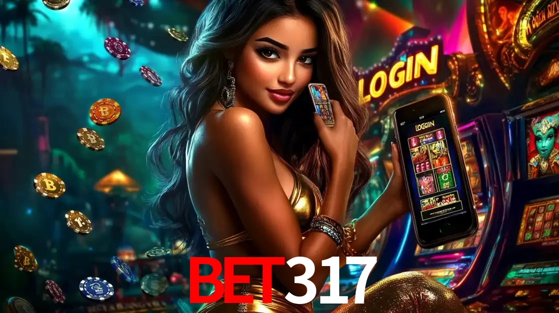 Mulher em um cenário de cassino temático de aventura, mostrando o app de caça-níqueis da BET317 no celular. Fichas de apostas flutuam ao redor.