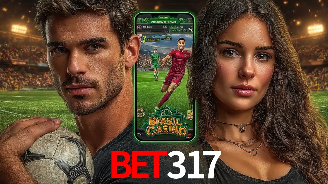 Homem segurando uma bola de futebol e uma mulher ao lado de um smartphone exibindo o jogo de apostas esportivas da BET317. Faça seu palpite no cassino online.